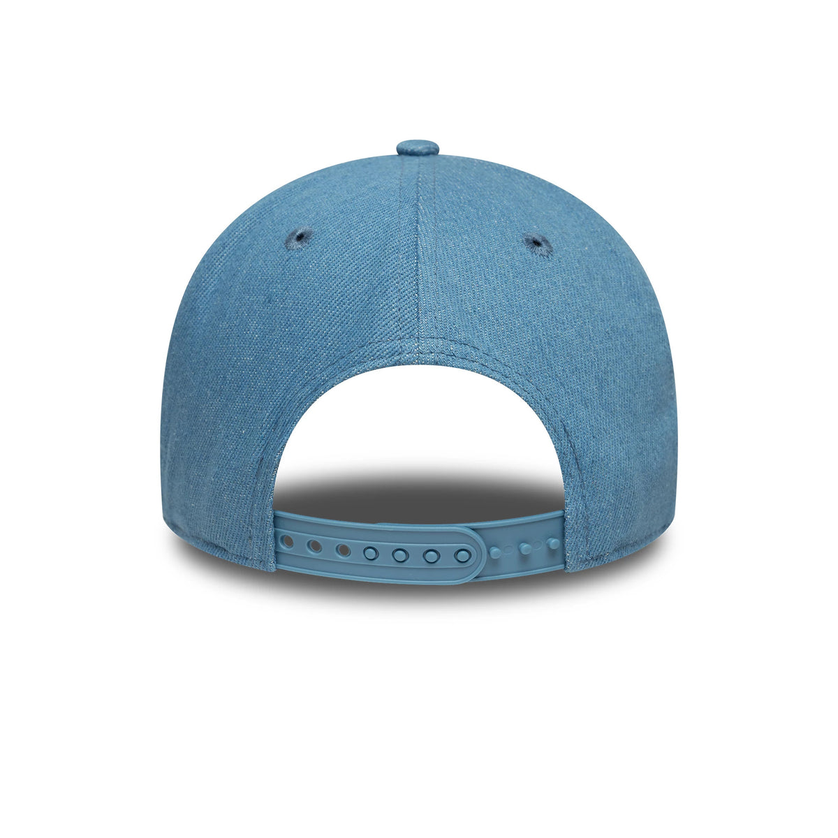 VR46 Denim Open Blue New Era 9FORTY M-Crown Cap, rear view showing a matching open blue adjustable snap closure, centred on the structured denim crown with two embroidered eyelets and a top button.