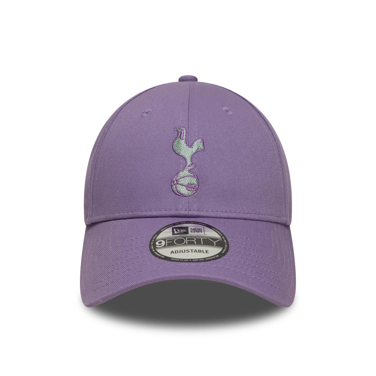 Tottenham Hotspur FC Pastel Purple New Era 9FORTY Adjustable Cap, front view showing the light green embroidered crest logo on the structured pastel purple crown, with a matching curved visor and 9FORTY size sticker.