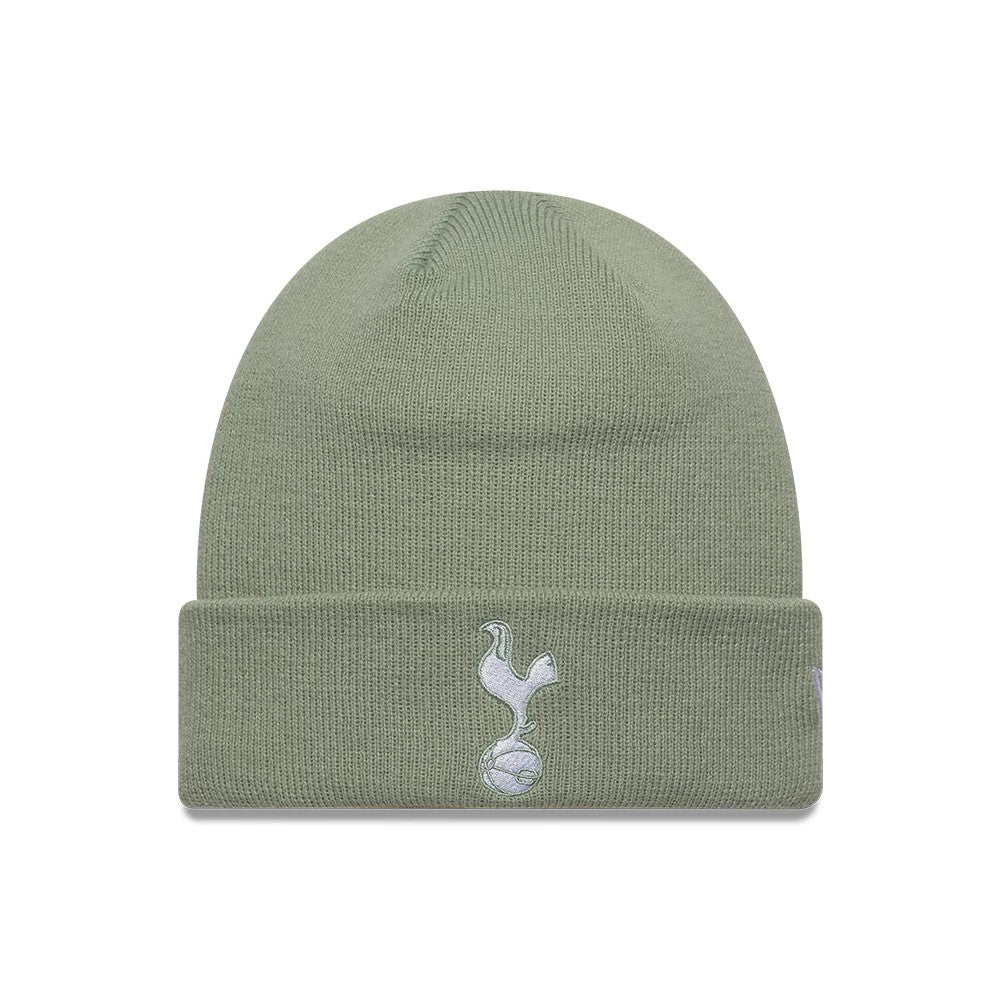 New Era Tottenham Hotspur FC Pastel Green Cuff Knit Beanie Hat, front view showing the white embroidered Tottenham Hotspur crest on the folded cuff, with a ribbed knit texture and a soft pastel green colour.