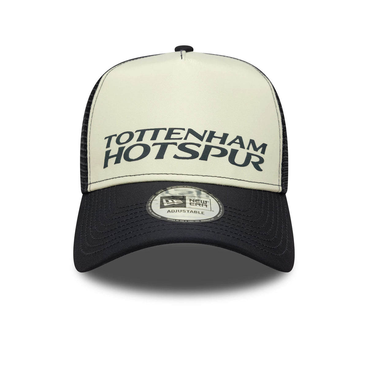 Tottenham Hotspur FC Puff Wordmark Navy New Era 9FORTY A-Frame Trucker Cap, front view showing the raised navy wordmark embroidery on the cream front panel, with a 9FORTY size sticker on the navy visor.