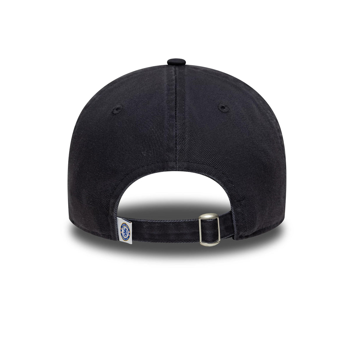 Chelsea FC Lion Crest Boucle Navy New Era 9TWENTY Cap, rear view showing a white Chelsea badge on the adjustable fabric strap, with a curved visor and small top button on the structured navy crown.