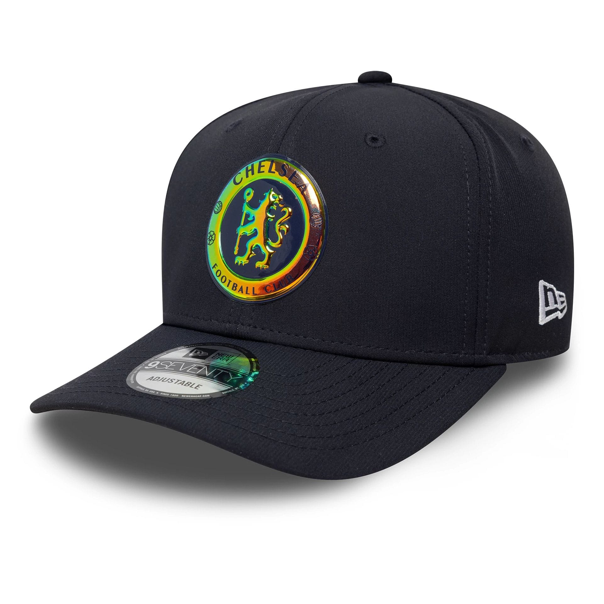 Pictured is this Chelsea FC Lion Crest Iridescent 9SEVENTY Stretch Snap in navy. 1