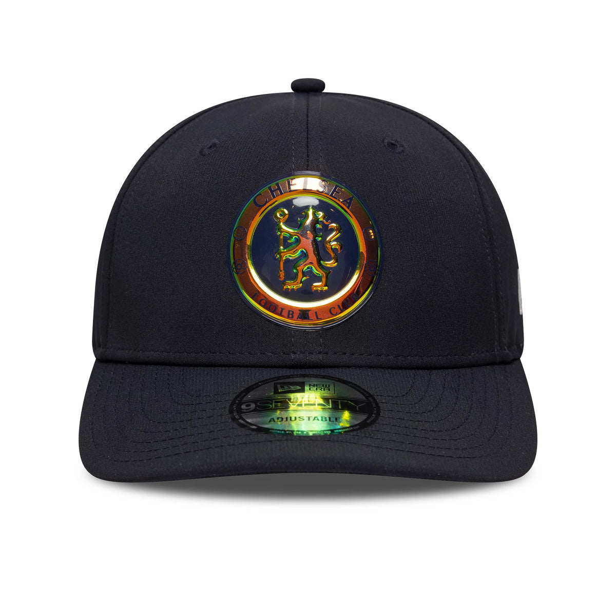 Chelsea FC Lion Crest Iridescent Navy New Era 9SEVENTY Stretch Snap Cap, front view showing a iridescent lion crest logo on the navy crown and a black curved visor with a 9SEVENTY size sticker highlighting adjustable fit.