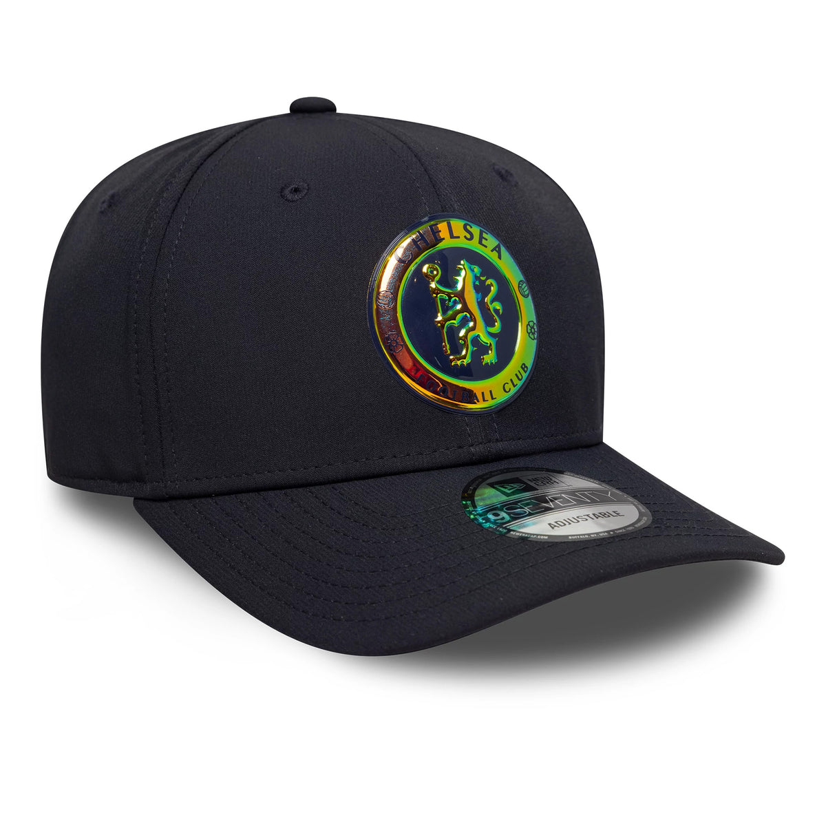 Chelsea FC Lion Crest Iridescent Navy New Era 9SEVENTY Stretch Snap Cap, three-quarter view showing the iridescent lion crest logo on the front panel, structured navy crown, and 9SEVENTY size sticker on the curved navy visor.