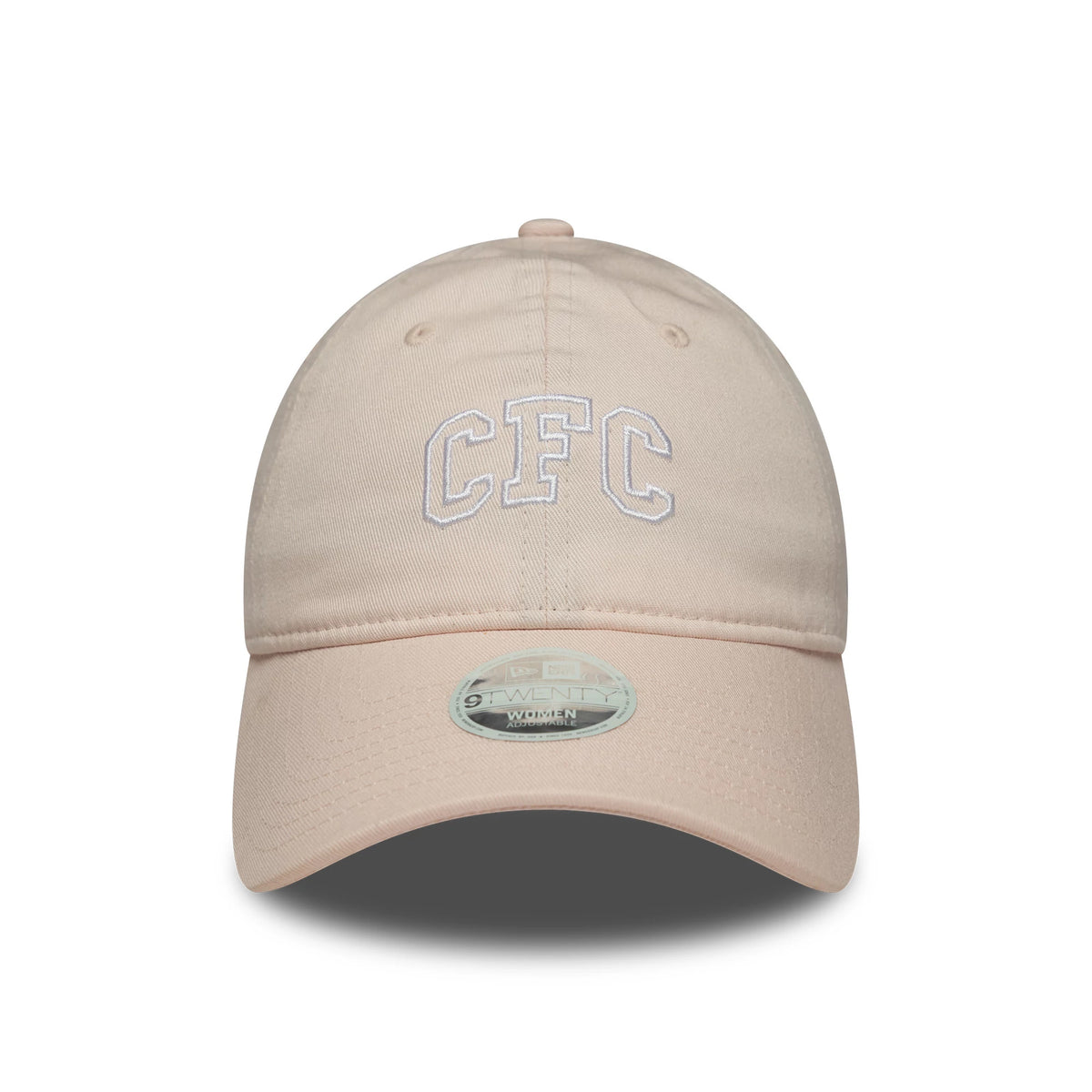 Chelsea FC Lion Crest Womens Pastel Pink New Era 9TWENTY Cap, front view showing white embroidered CFC letters on the structured crown, with a curved visor and a 9TWENTY size sticker.