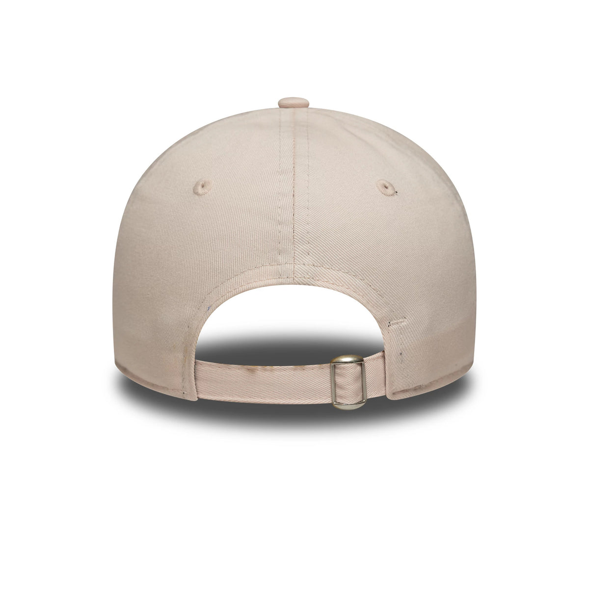 Chelsea FC Lion Crest Womens Pastel Pink New Era 9TWENTY Cap, rear view showing the unstructured pink crown with a curved top button, embroidered eyelets, and an adjustable strap with a buckle.