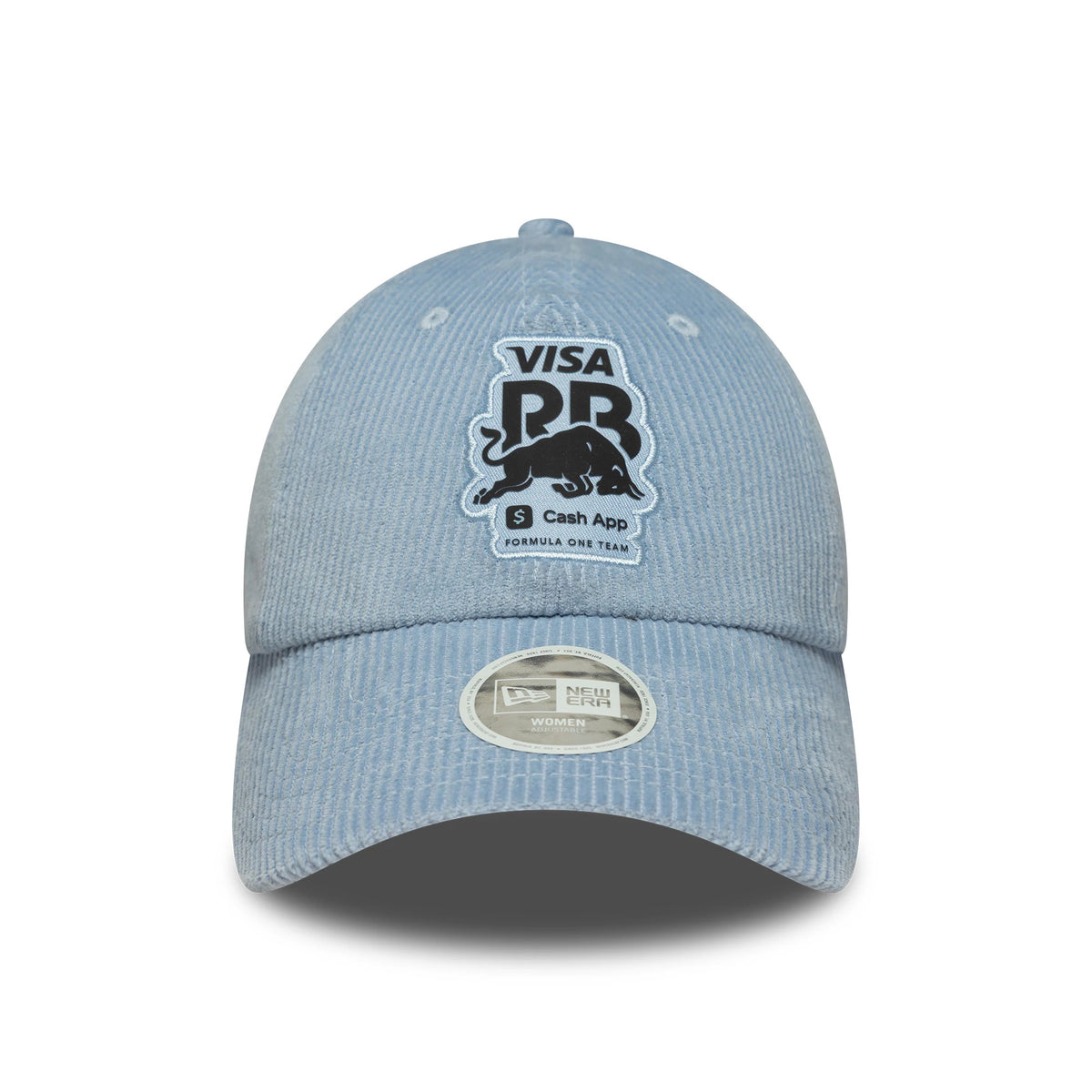 New Era Visa Cash App Racing Bulls Womens Pastel Blue Cord Pony Tail Cap, front view with a raised Visa Racing Bulls logo in black and white embroidery on the front panel and a New Era Women size sticker on the curved visor.