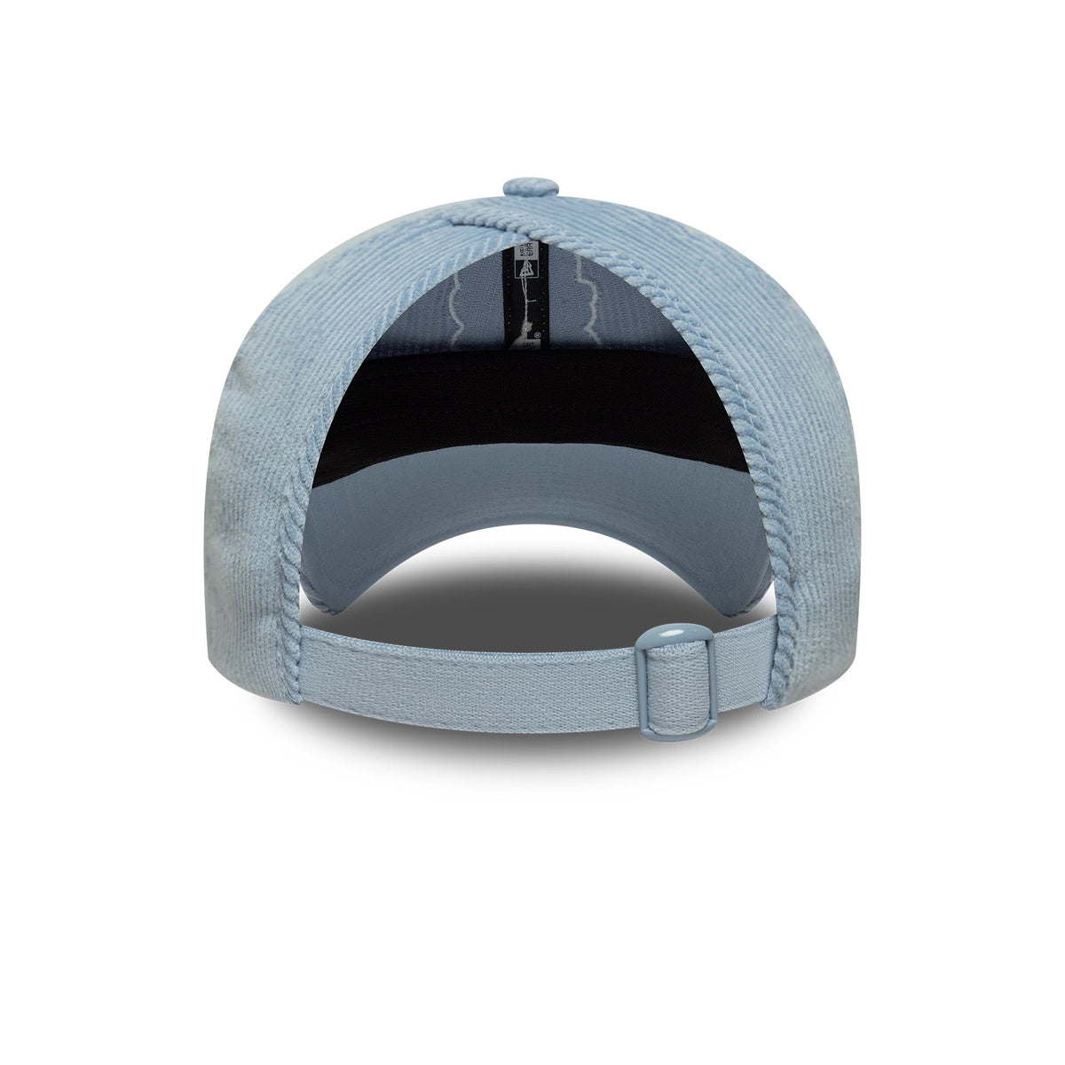New Era Visa Cash App Racing Bulls Womens Pastel Blue Cord Pony Tail Cap, rear view showing an adjustable strap closure and pastel blue top button, with corduroy texture on the light blue structured panels.