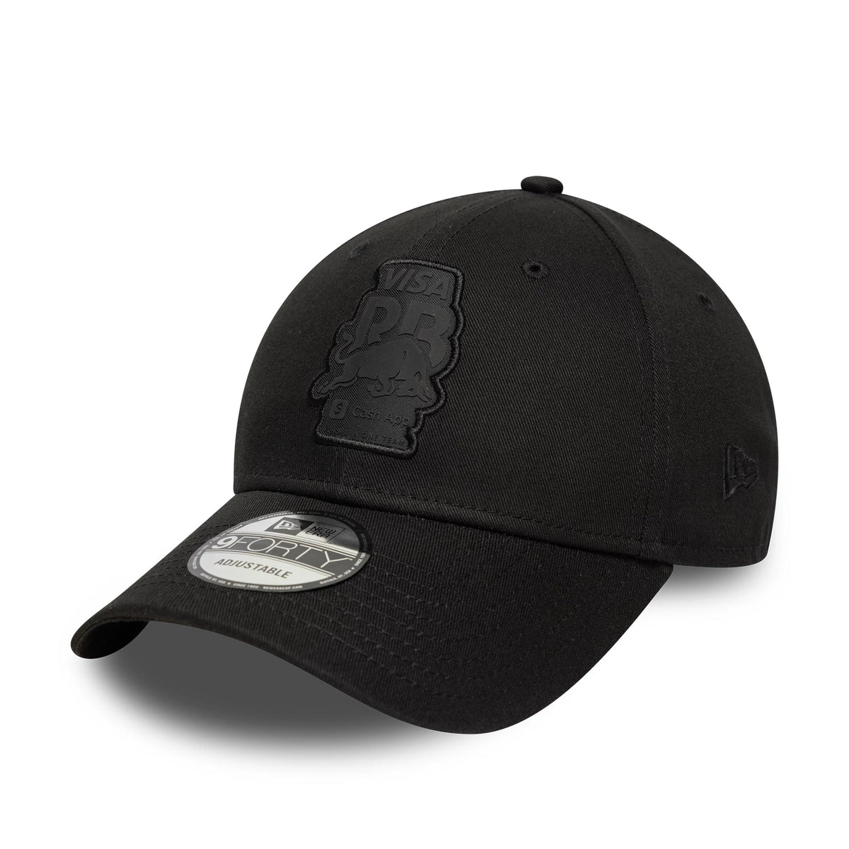 Visa Cash App Racing Bulls Black New Era 9FORTY Cap, three-quarter view showing the black embroidered logo on the front panel, with a curved visor featuring the 9FORTY size sticker, and an embroidered New Era flag on the left side.