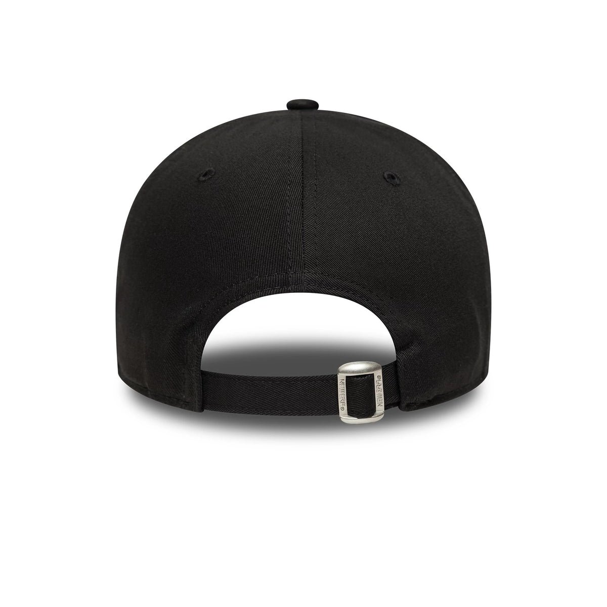 Visa Cash App Racing Bulls Black New Era 9FORTY Cap, rear view showing an open adjustable strap with a buckle at the back of the black crown, highlighting a clean finish with a top button and eyelets.