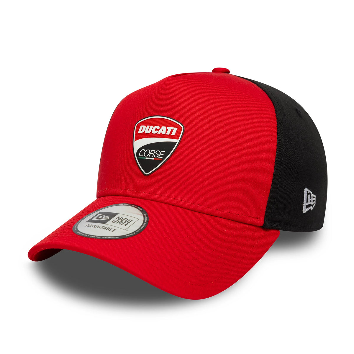 Ducati Corse Logo Red New Era 9FORTY E-Frame Trucker Cap, three-quarter view with a raised embroidered Ducati Corse logo on the front panel, a curved red visor featuring a 9FORTY size sticker, and a white New Era flag logo on the left side.