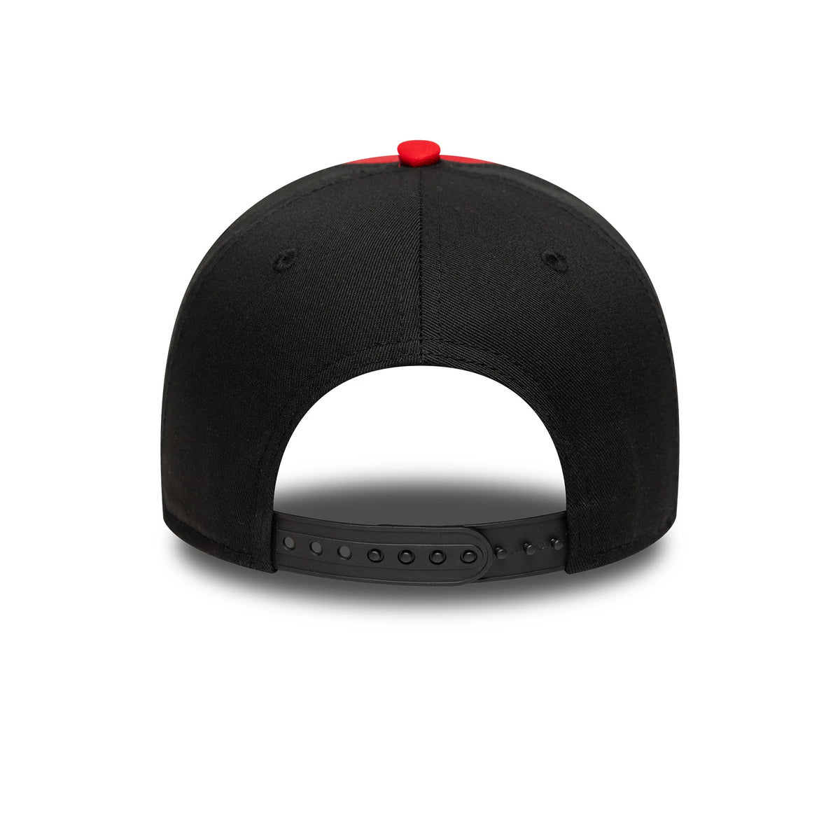 Ducati Corse Logo Red New Era 9FORTY E-Frame Trucker Cap, rear view showing a plain black snapback closure, black mesh back panels, and a red top button on the structured black crown.