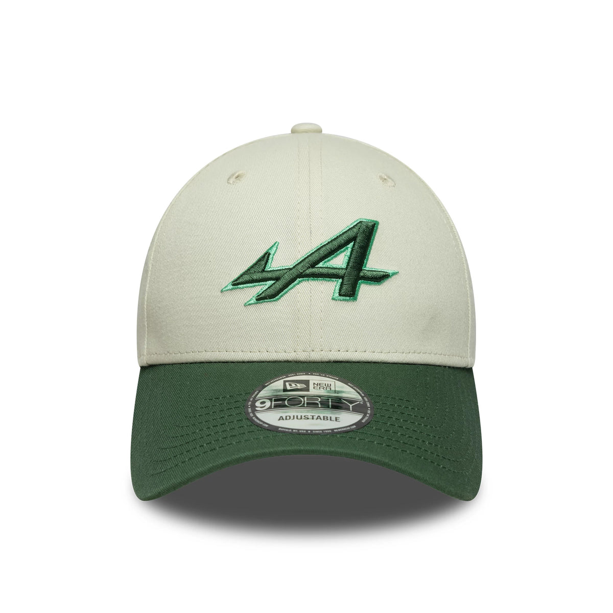 Alpine Racing White New Era 9FORTY Cap, front view showing a green embroidered A logo on the white front panel, paired with a dark green curved visor featuring a 9FORTY size sticker.