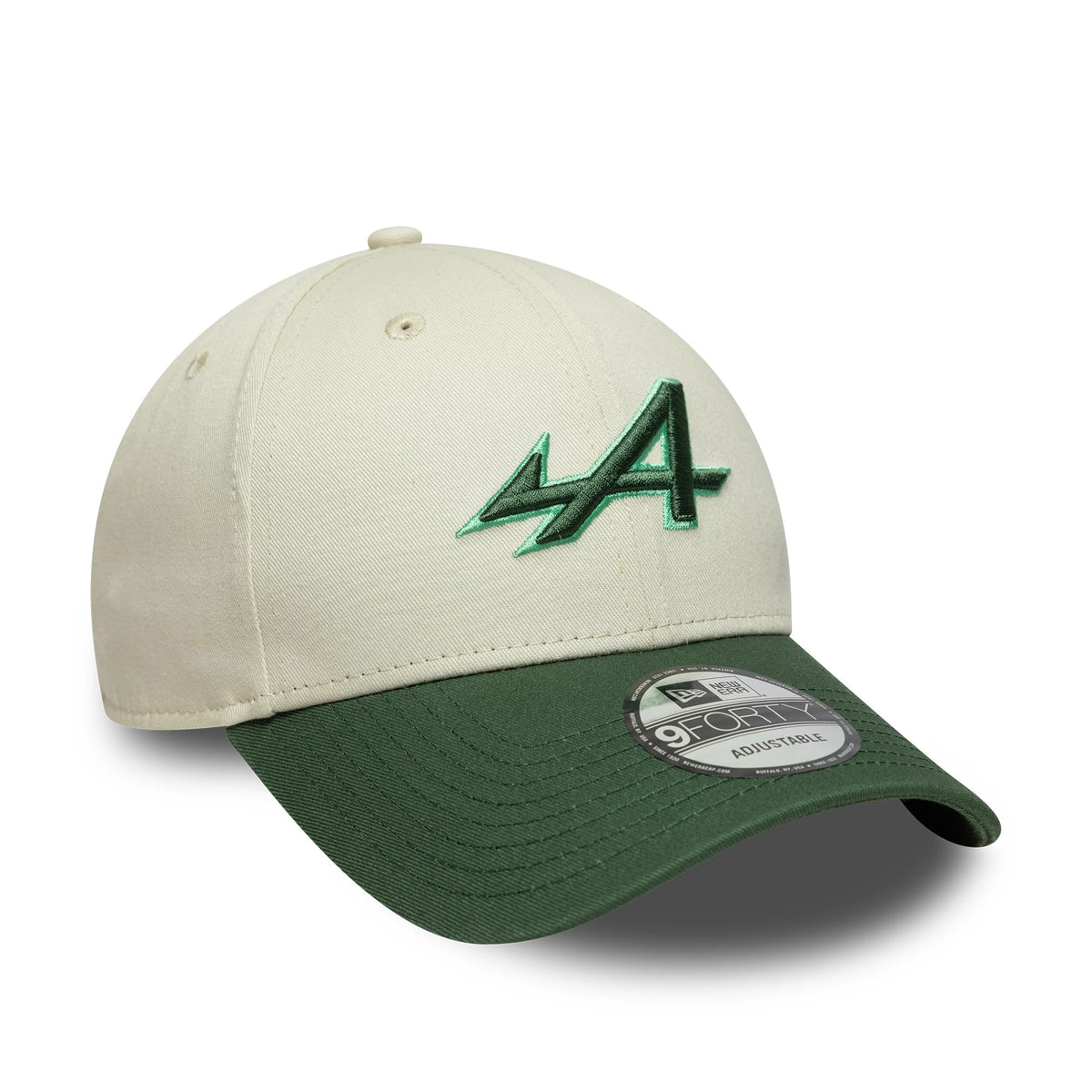 Alpine Racing White New Era 9FORTY Cap, three-quarter view showing the raised green A logo on the front panel, contrasting dark green curved visor, and the 9FORTY size sticker on the top of the visor.