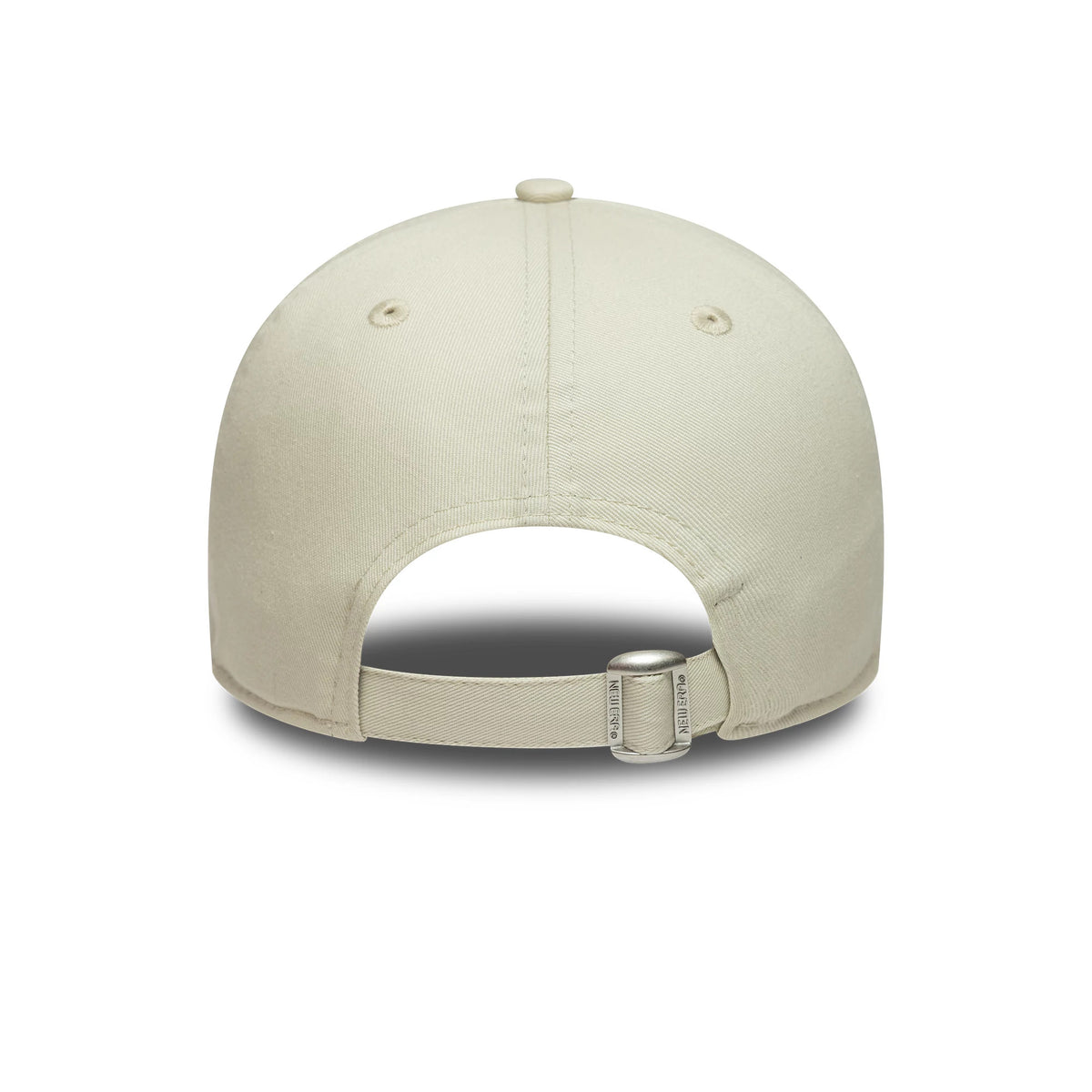 Alpine Racing White New Era 9FORTY Cap, rear view showing an adjustable strap with buckle closure and reinforced eyelets on the structured white crown, complete with a rounded top button.