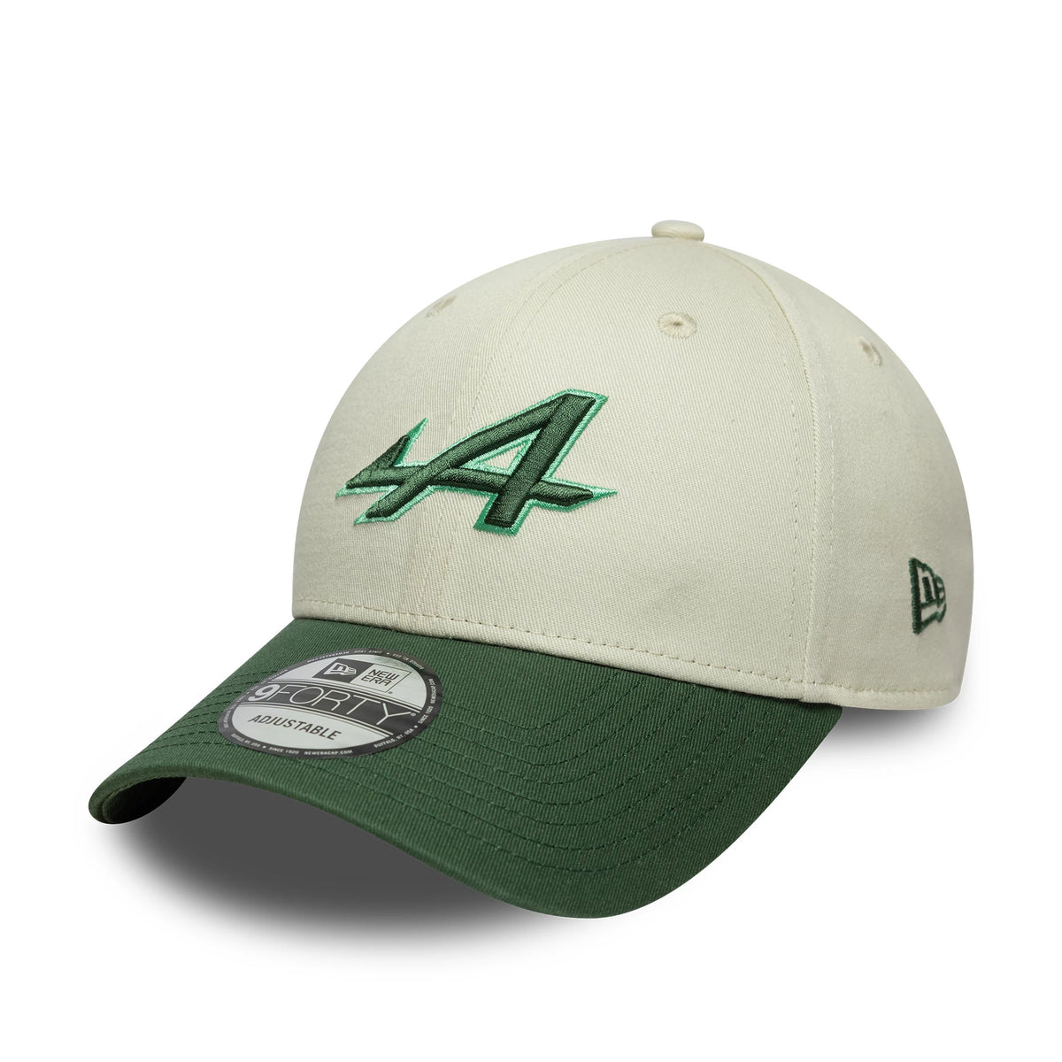 Alpine Racing White New Era 9FORTY Cap, front view showing a green embroidered A logo on the front panel, with a dark green curved visor and a 9FORTY size sticker, and New Era flag logo on the left side.