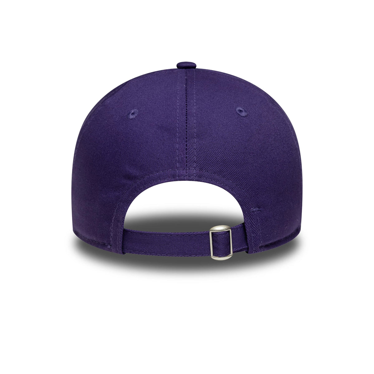 AS Roma Womens Purple New Era 9TWENTY Cap, rear view showing the adjustable fabric strap with a buckle at the back, along with the structured purple crown featuring embroidered eyelets and a central top button.