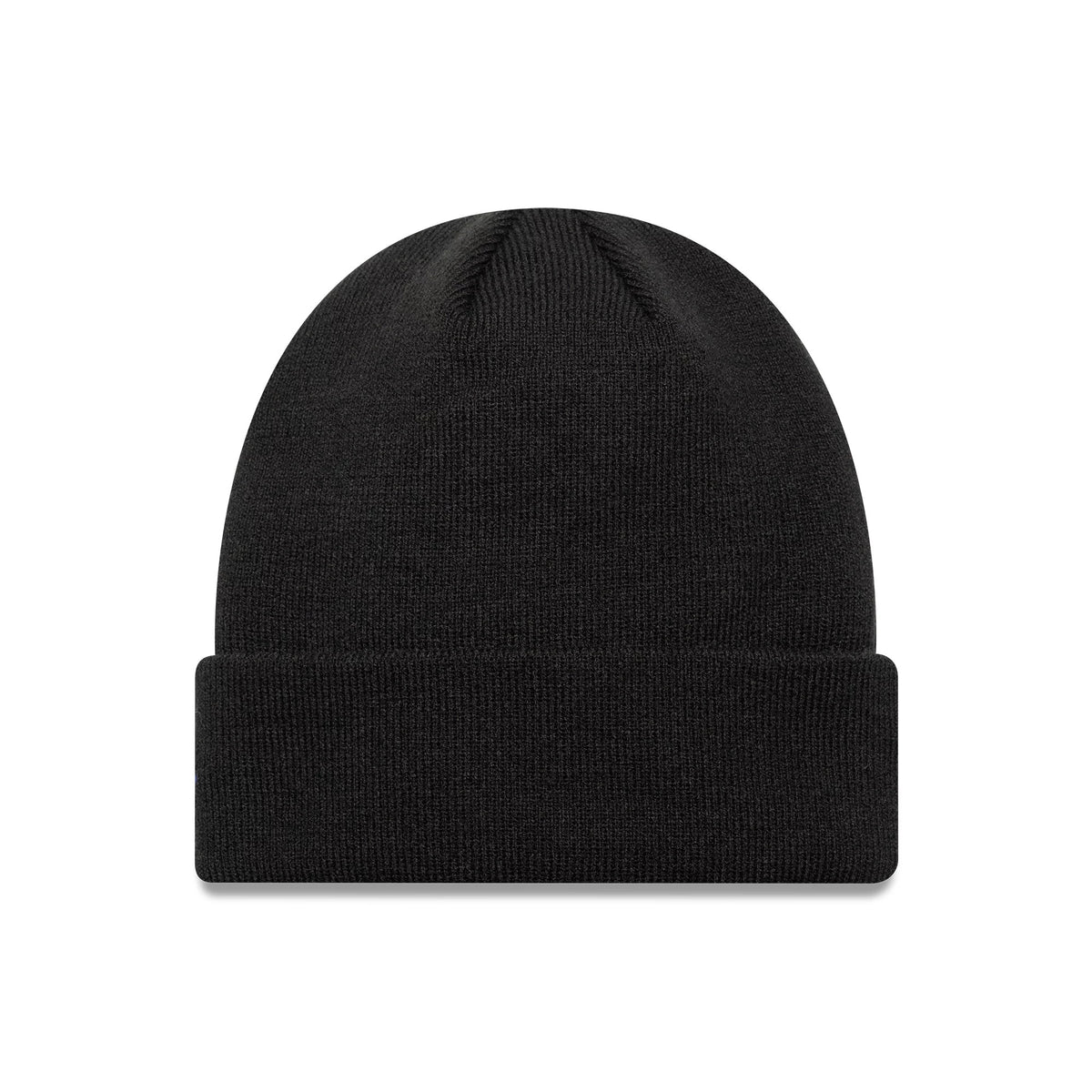 New Era Alpine Racing Black Cuff knit Beanie Hat, front view showing a solid black ribbed knit with a wide cuff, offering a classic and streamlined look with no logos or embellishments.