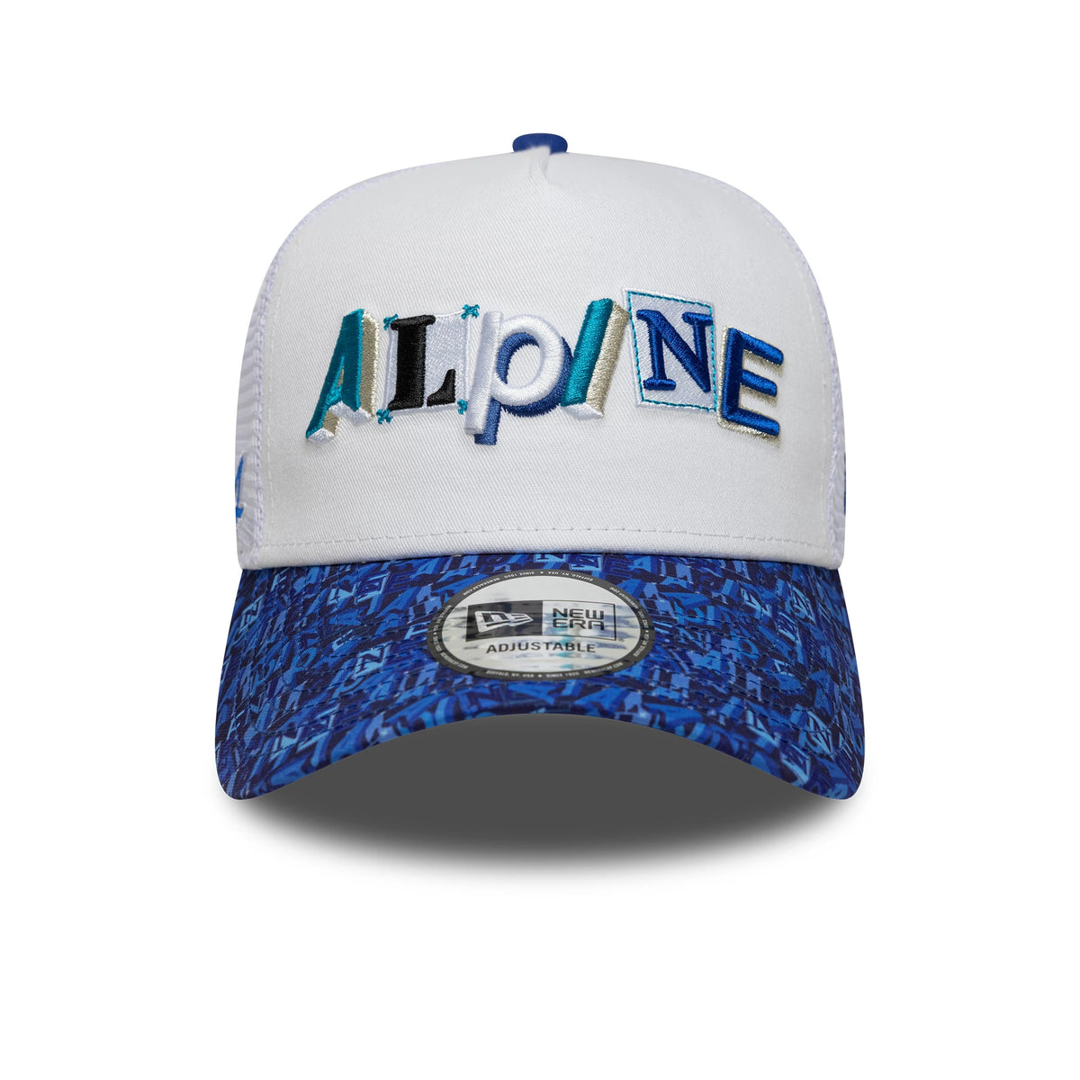 Alpine Racing All Over Print White New Era 9FORTY A-Frame Trucker Cap, front view showing the multi-coloured raised embroidered Alpine logo on the white front panel with a blue-patterned visor and 9FORTY size sticker.