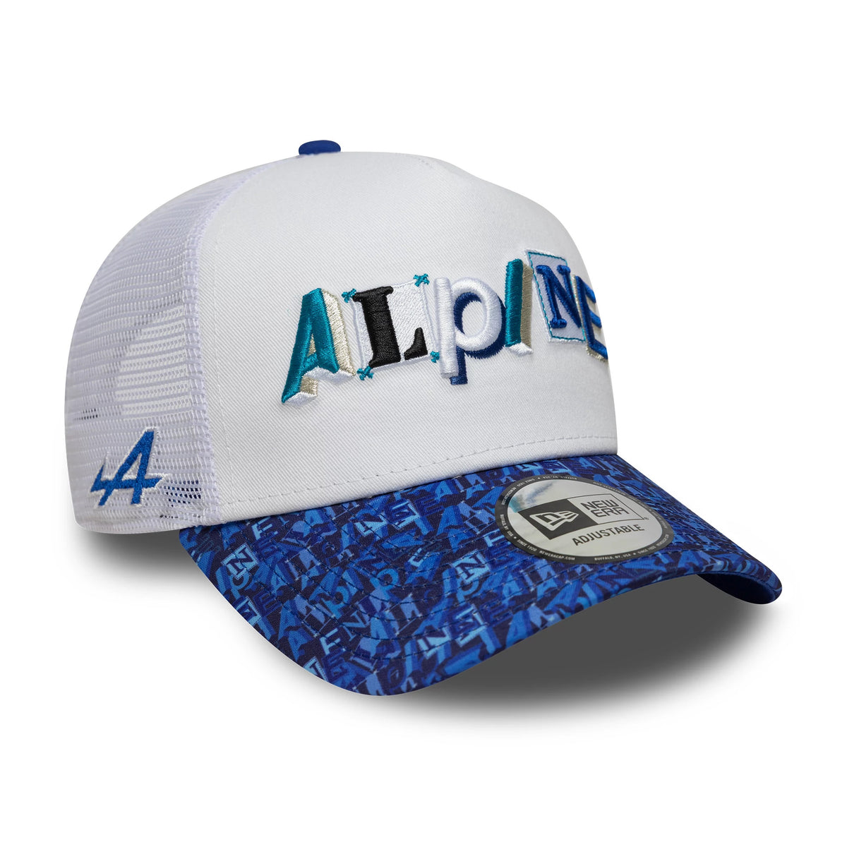 Alpine Racing All Over Print White New Era 9FORTY A-Frame Trucker Cap, three-quarter view showing the multicoloured embroidered Alpine lettering on the white front panel, blue patterned visor with a 9FORTY size sticker, and blue side logo.