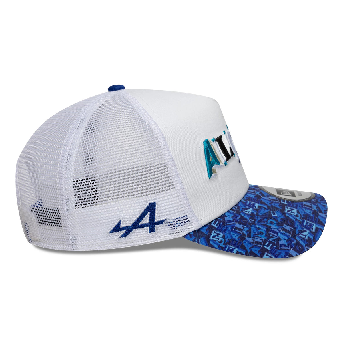 Alpine Racing All Over Print White New Era 9FORTY A-Frame Trucker Cap, three-quarter view showing raised embroidered Alpine lettering on the front panel, a blue patterned visor, mesh rear panels, and an A logo on the side.