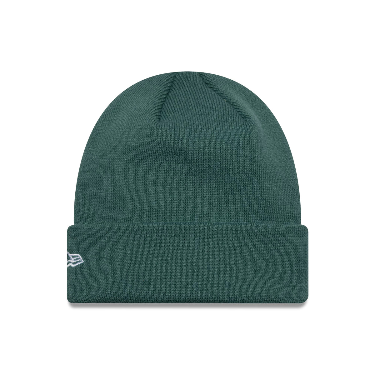 New Era Red Bull Racing Dark Green Cuff Knit Beanie Hat, front view showing the deep green knitted fabric with a folded cuff featuring the white New Era flag logo embroidered on the left side.