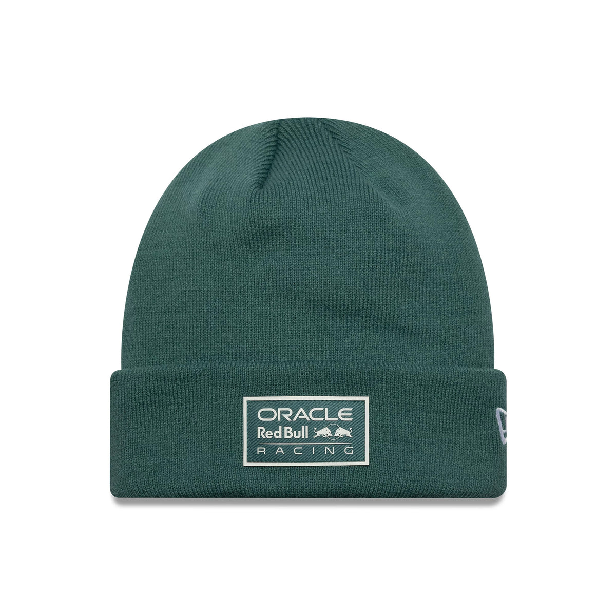 New Era Red Bull Racing Dark Green Cuff Knit Beanie Hat, front view showing the Oracle Red Bull Racing logo in white on a rectangular patch on the cuff, with the New Era flag logo embroidered on the side.