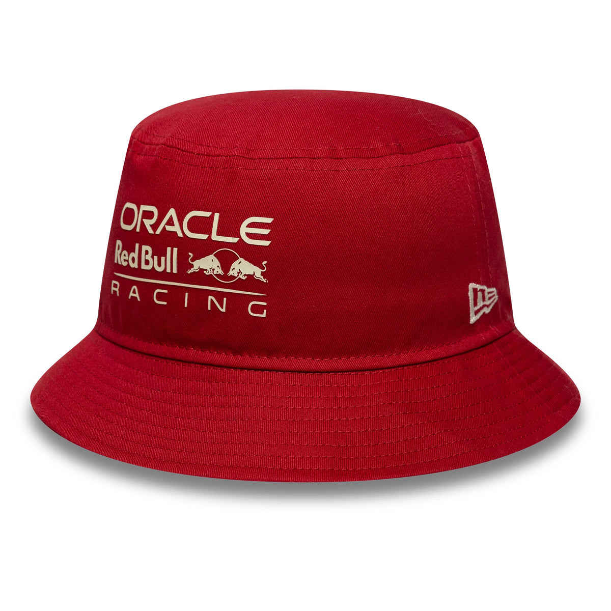 New Era Red Bull Racing Dark Red Bucket Hat, front view showing the white embroidered Oracle Red Bull Racing logo across the front panel and the New Era flag logo on the right side of the structured visor.