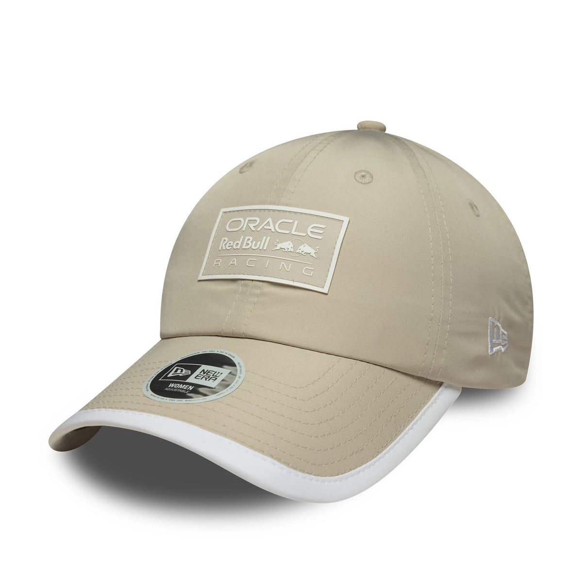 Red Bull Racing Womens Light Beige New Era Pony Tail Cap, front view showing a raised embroidered Oracle Red Bull Racing logo on the beige front panel, with white visor edge and 9FORTY size sticker.