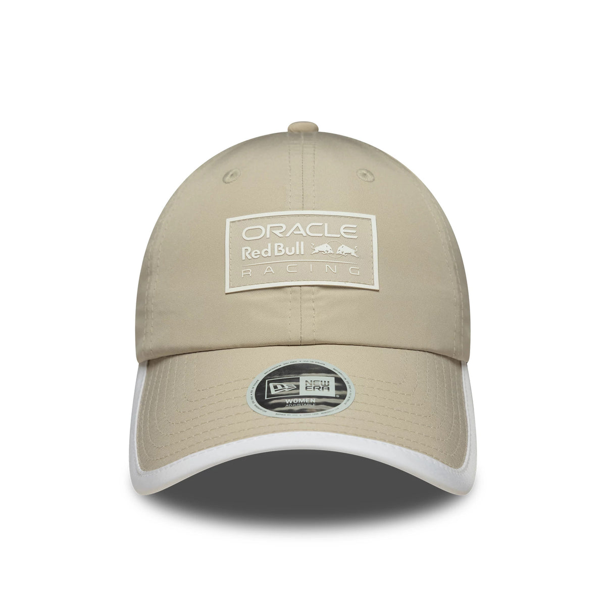 Red Bull Racing Womens Light Beige New Era Pony Tail Cap, front view showing an embroidered Oracle Red Bull Racing logo patch on the beige crown with a contrasting white visor and a New Era Women size sticker.