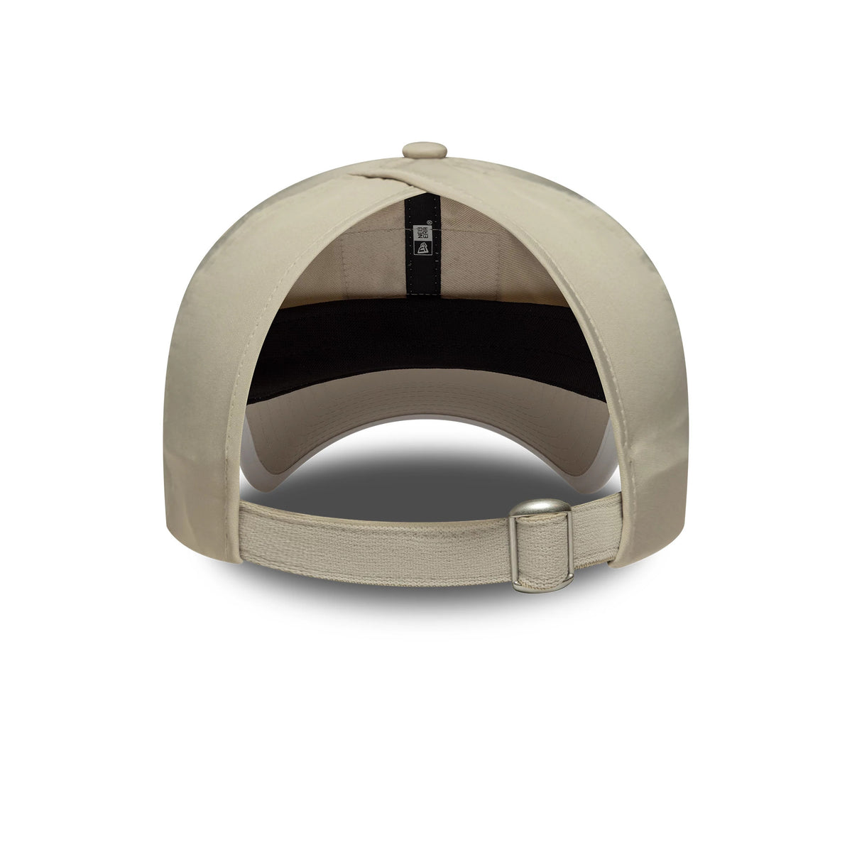 New Era Red Bull Racing Womens Light Beige Pony Tail Cap, rear view with an open-back design, showing a silver buckle on the adjustable strap and a black sweatband inside, along with a top button on the structured light beige crown.