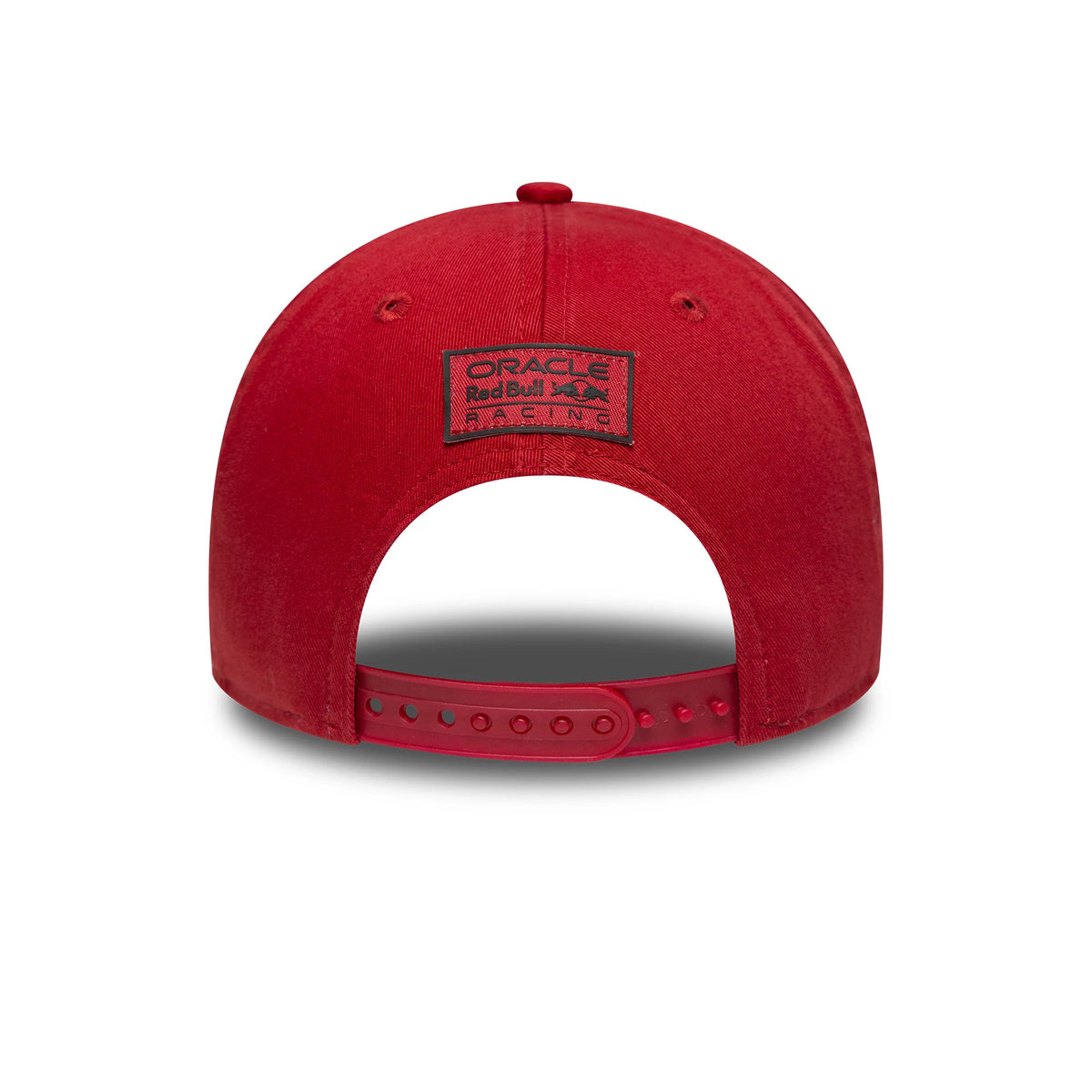 Red Bull Racing Washed Dark Red New Era 9FORTY M-Crown Cap, rear view showing the black and red embroidered Oracle Red Bull Racing patch at the centre of the back panels, with a matching red adjustable strap closure.