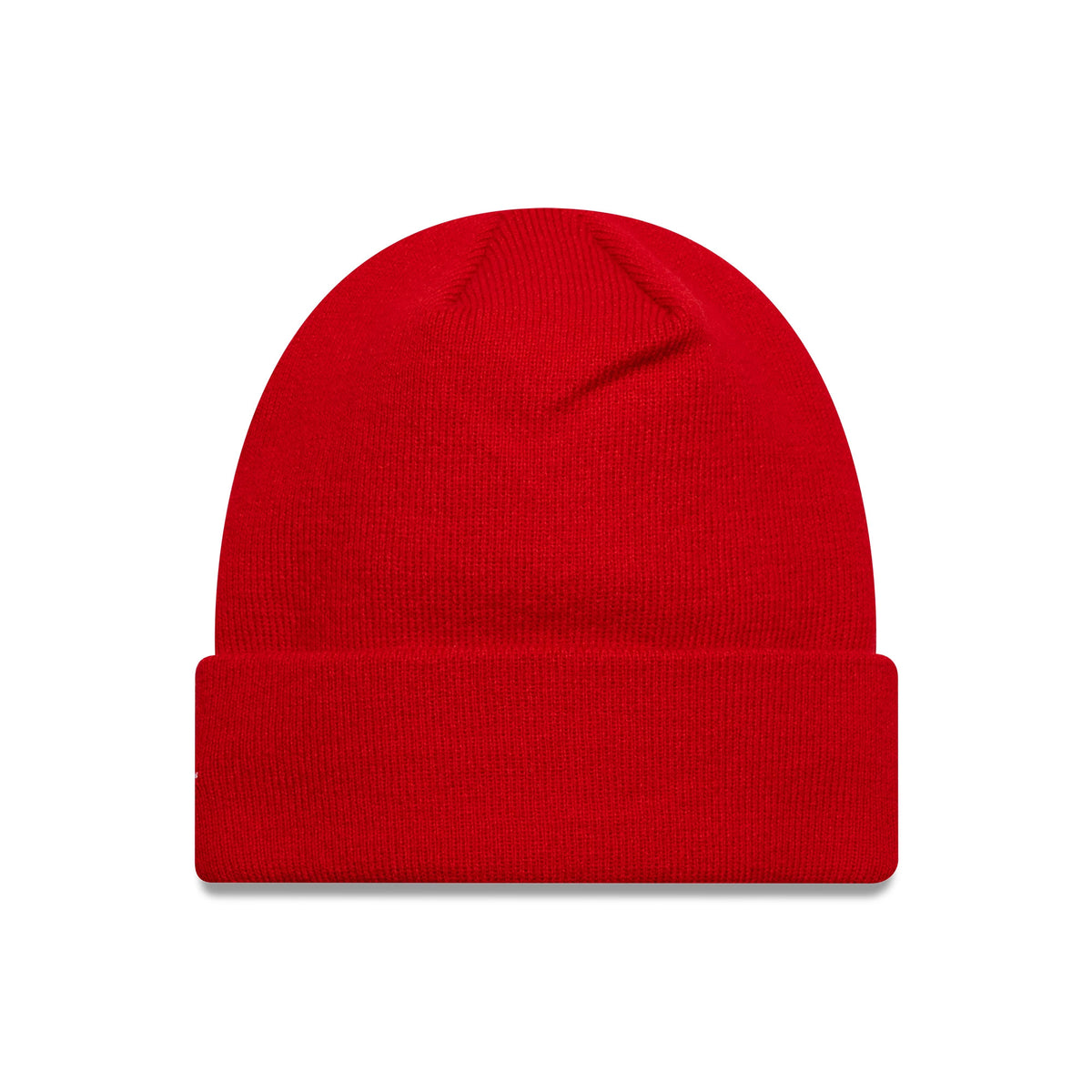New Era Stade Toulousain Core Red Cuff Knit Beanie Hat, front view showing a bright red ribbed knit design with a fold-over cuff, creating a classic and look in solid colour.
