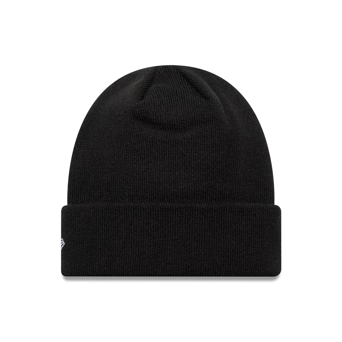 New Era Stade Toulousain Core Black Cuff Knit Beanie Hat, front view showing a plain black knit design with a folded cuff and a small New Era flag logo on the left side of the cuff.