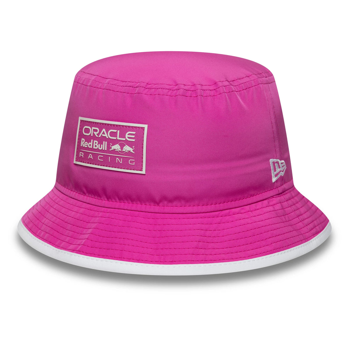New Era Red Bull Racing Womens Bright Pink Bucket Hat, front view showing the Oracle Red Bull Racing logo in white on the bright pink crown, with a contrasting white edge around the visor and the New Era flag logo on the left side.