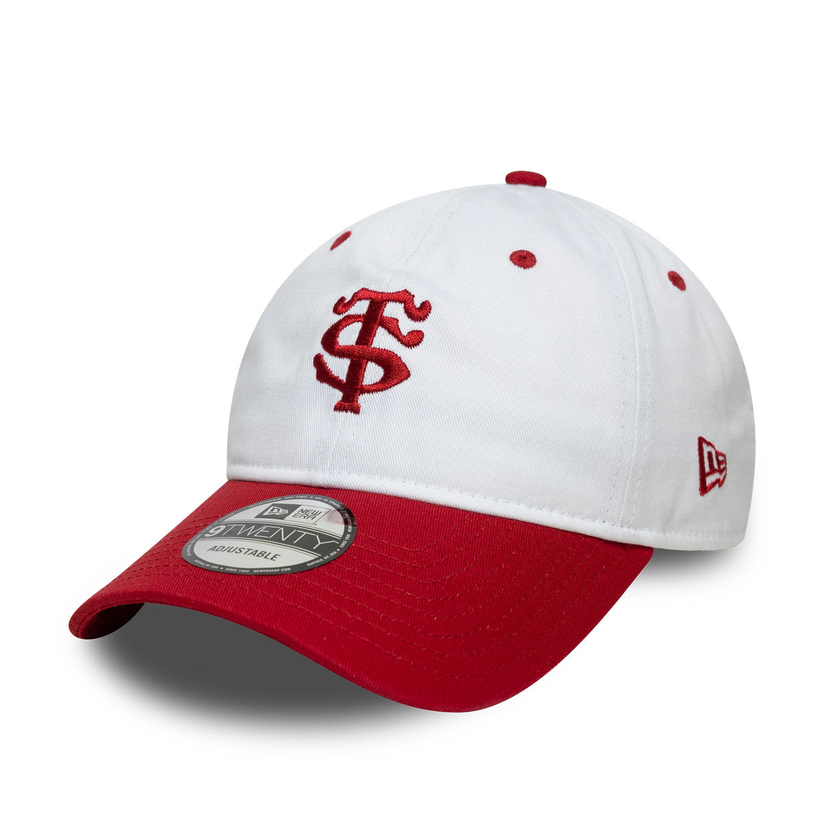 Stade Toulousain Contrast Visor White New Era 9TWENTY Cap, three-quarter view showing red embroidered logo on the front panel, red contrast visor with 9TWENTY size sticker, red top button and eyelets.