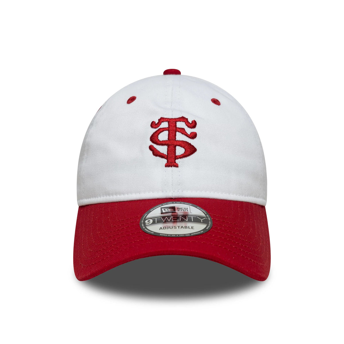Stade Toulousain Contrast Visor White New Era 9TWENTY Cap, front view showing the red embroidered ST logo on the structured white crown, red visor with a 9TWENTY size sticker, and red top button and eyelets.