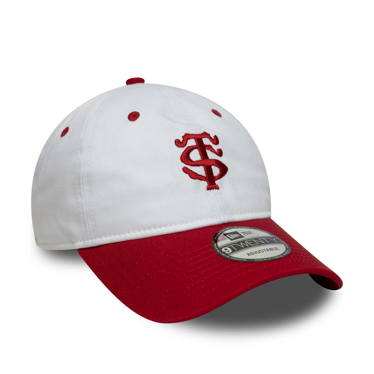 Stade Toulousain Contrast Visor White New Era 9TWENTY Cap, front view showing the red embroidered ST logo on the white front panel, with a red curved visor featuring the 9TWENTY size sticker and matching red top button and eyelets.