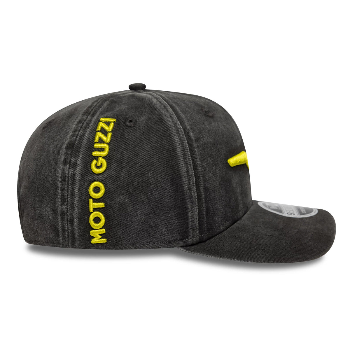 Moto Guzzi Washed Black New Era 9SEVENTY Stretch Snap Cap, side view showing yellow Moto Guzzi lettering on the left panel, a black top button, and a curved visor with a 9SEVENTY size sticker on top.