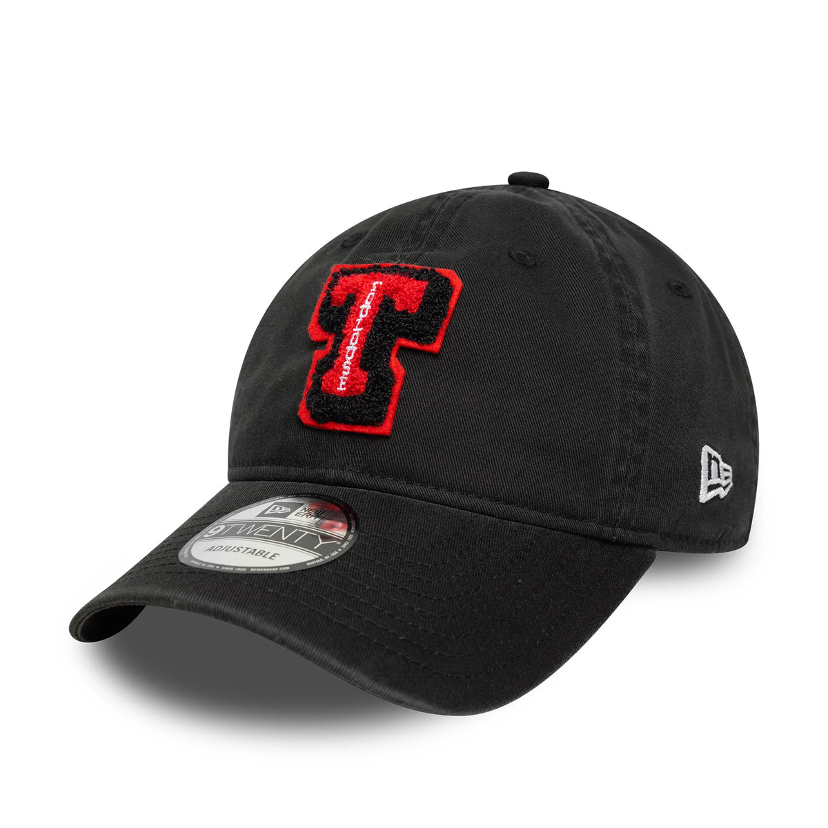Stade Toulousain Boucle Black New Era 9TWENTY Cap, front view showing a large red and black bouclé letter T with team name on the front panel, white New Era flag logo on the left side, and a 9TWENTY size sticker on the curved visor.