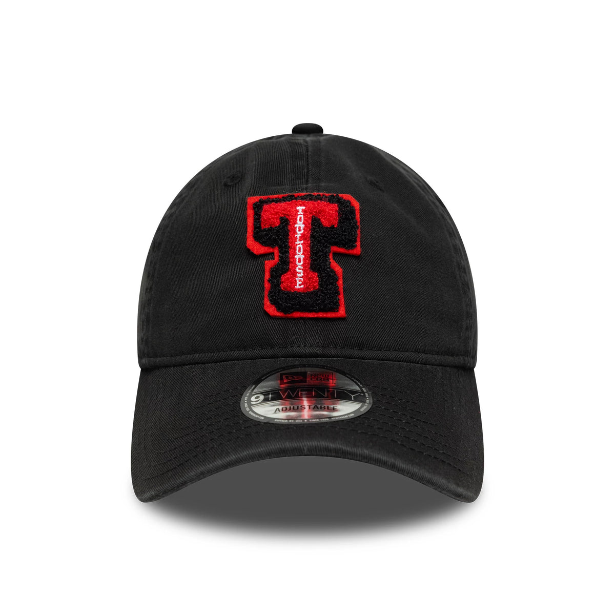 Stade Toulousain Boucle Black New Era 9TWENTY Cap, front view showing a red and black boucle embroidered crest logo on the structured black crown, with a 9TWENTY size sticker on the slightly curved black visor.