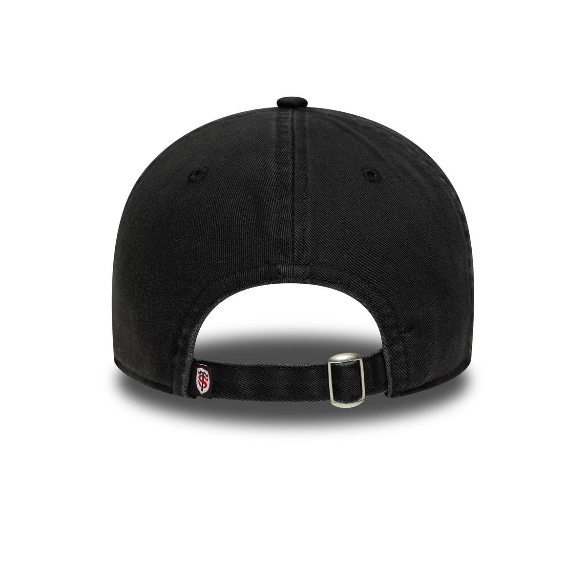 Stade Toulousain Boucle Black New Era 9TWENTY Cap, rear view showing the embroidered club logo on the adjustable strap, with black eyelets and a top button on the unstructured crown.