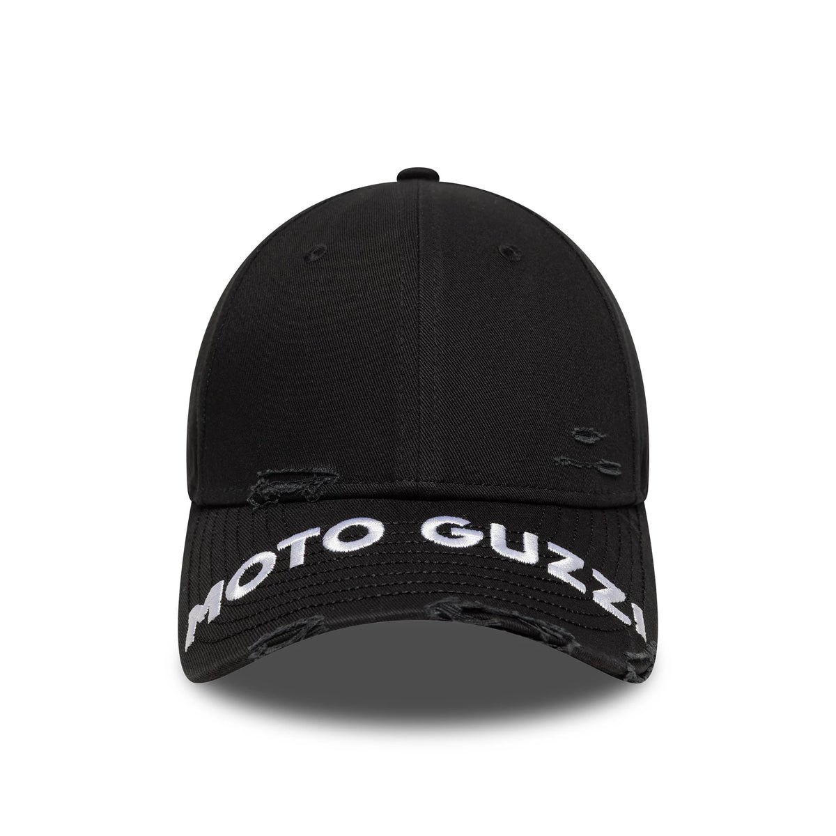 Moto Guzzi Distressed Black New Era 9FORTY M-Crown Cap, front view showing white embroidered Moto Guzzi lettering across the distressed black curved visor with worn details enhancing the vintage look.