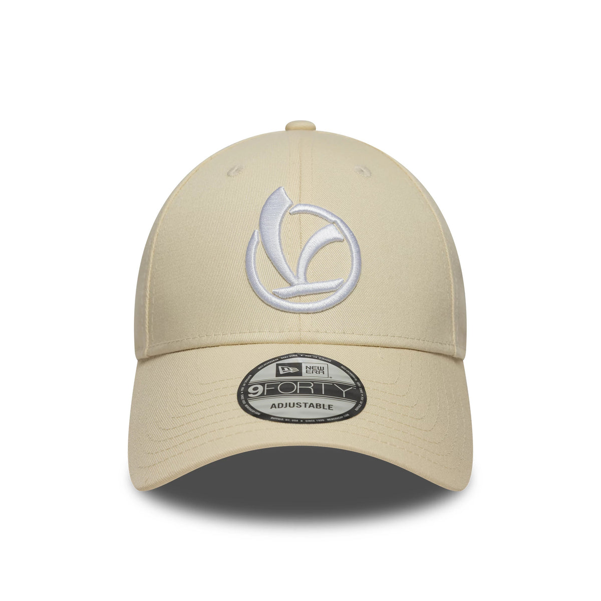 Vespa Essential Light Beige New Era 9FORTY Cap, front view showing a white raised embroidery Vespa graphic on the structured crown, curved visor with a 9FORTY size sticker, and a top button.