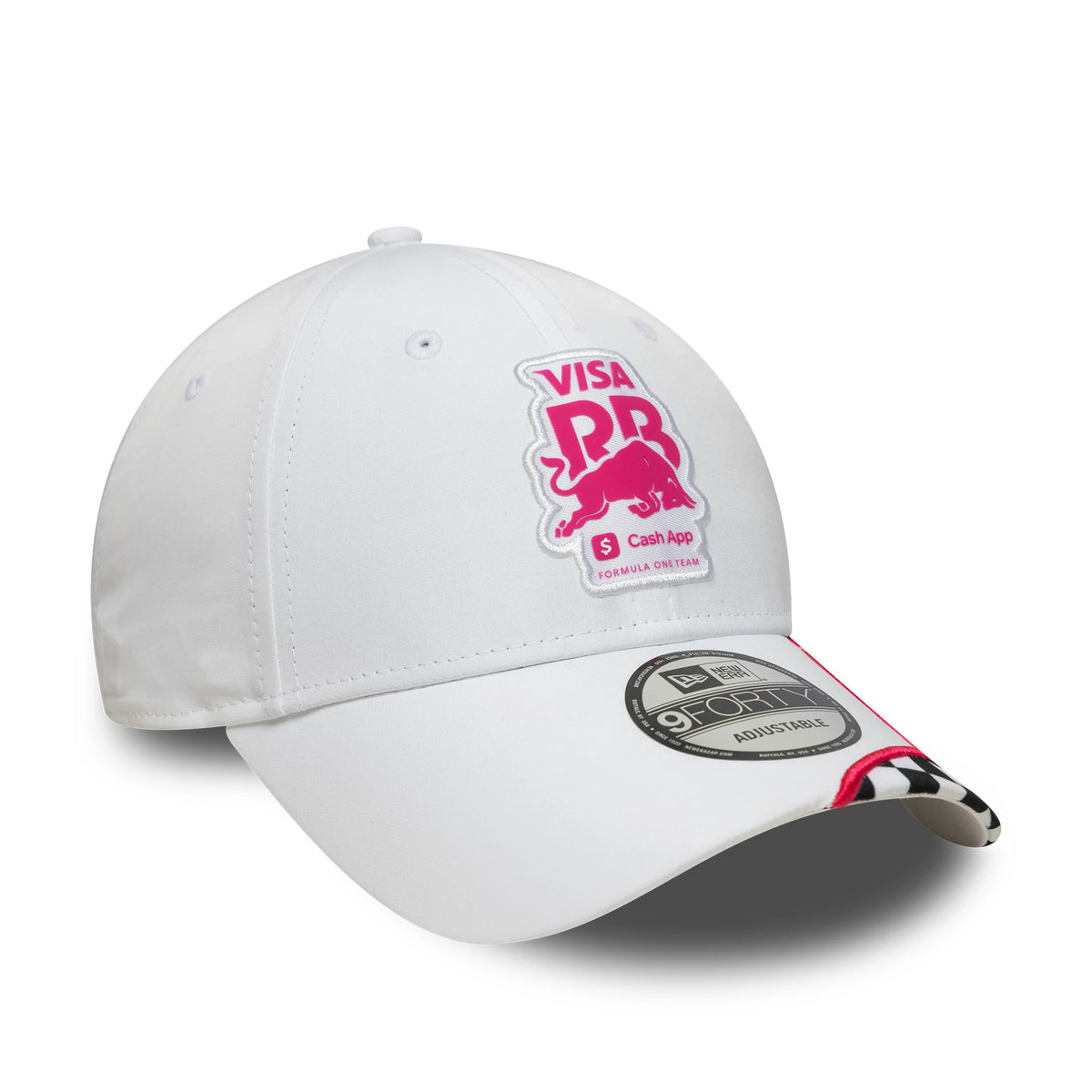 Visa Cash App Racing Bulls Checkerboard White New Era 9FORTY Cap, three-quarter view showing the pink and red embroidered logo on the front panel, with a curved black and white checkerboard visor and a 9FORTY size sticker.
