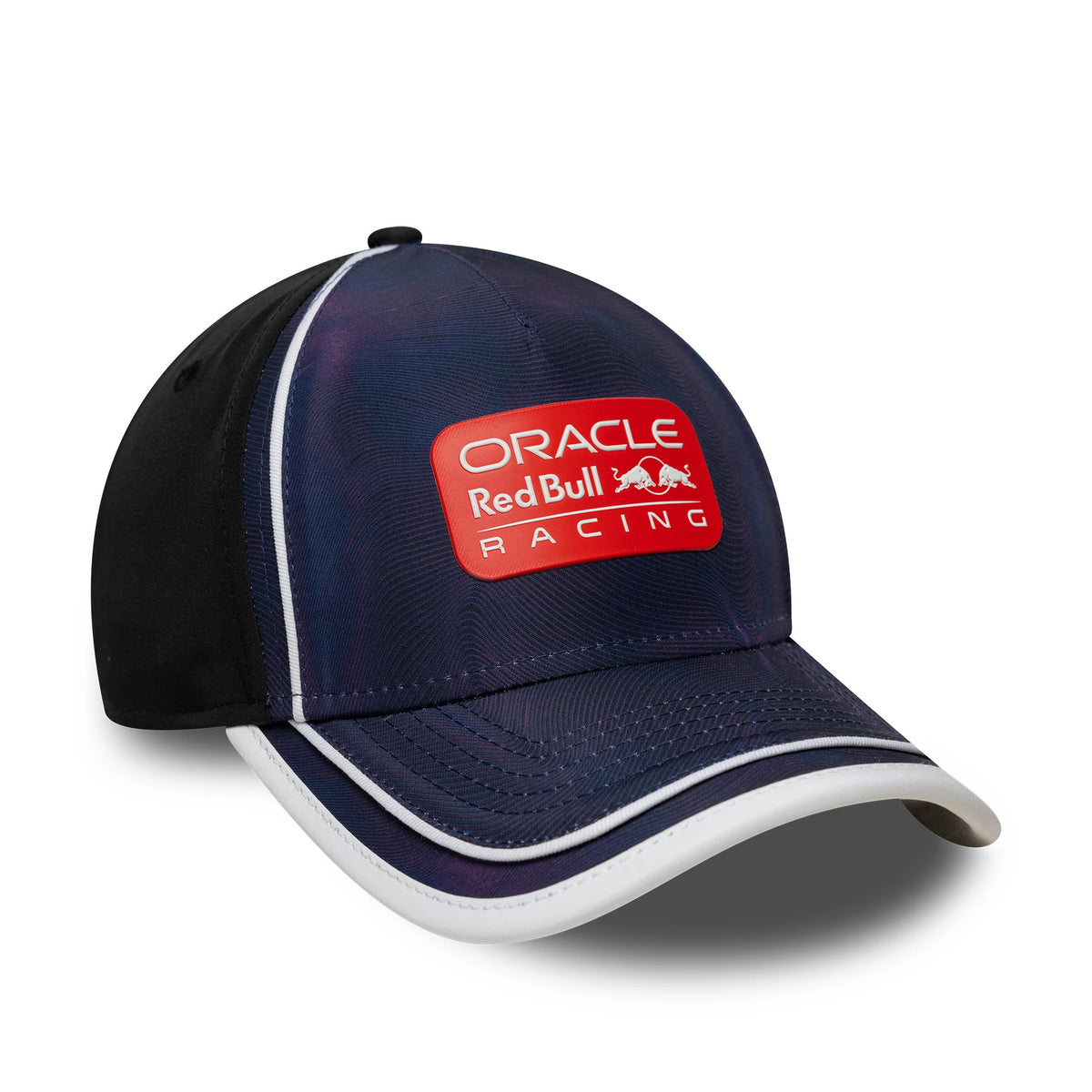 Red Bull Racing Print Black New Era 9FORTY M-Crown A-Frame Cap, front view showing a raised red embroidered Red Bull Racing logo on the front panel, with a curved black visor featuring white piping along the edge.