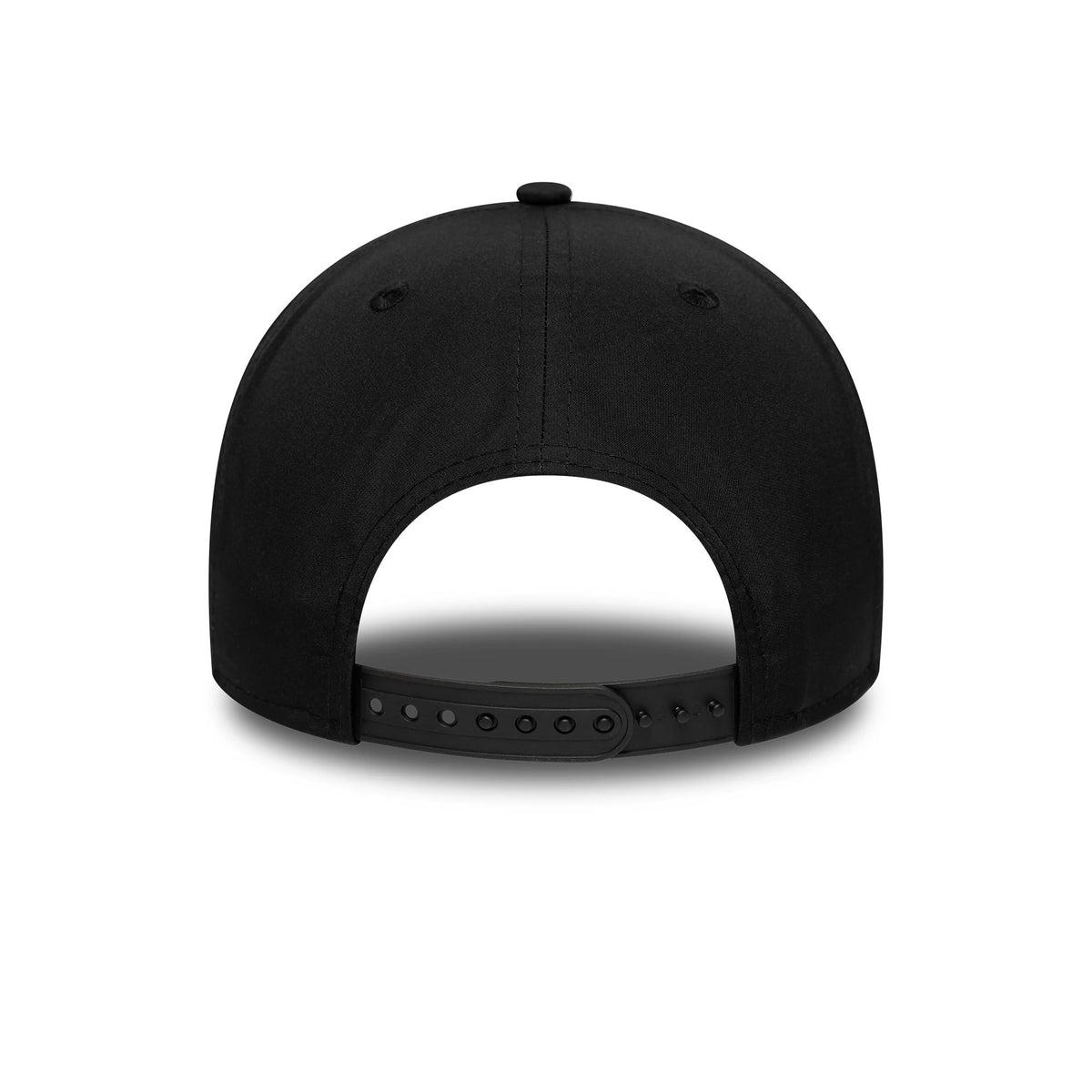 Red Bull Racing Print Black New Era 9FORTY M-Crown A-Frame Cap, rear view showing an adjustable black strap at the back and a seamless curved panel design with matching eyelets and top button.