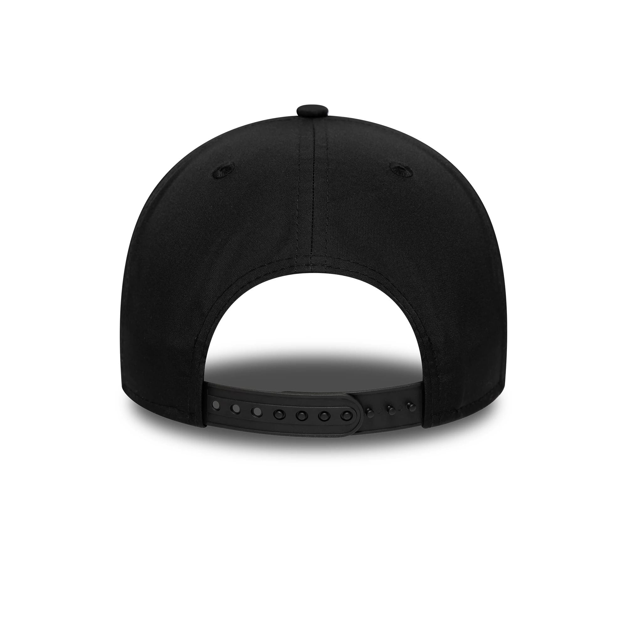 Red Bull Racing Print Black New Era 9FORTY M-Crown A-Frame Cap, rear view showing an adjustable black strap at the back and a seamless curved panel design with matching eyelets and top button.