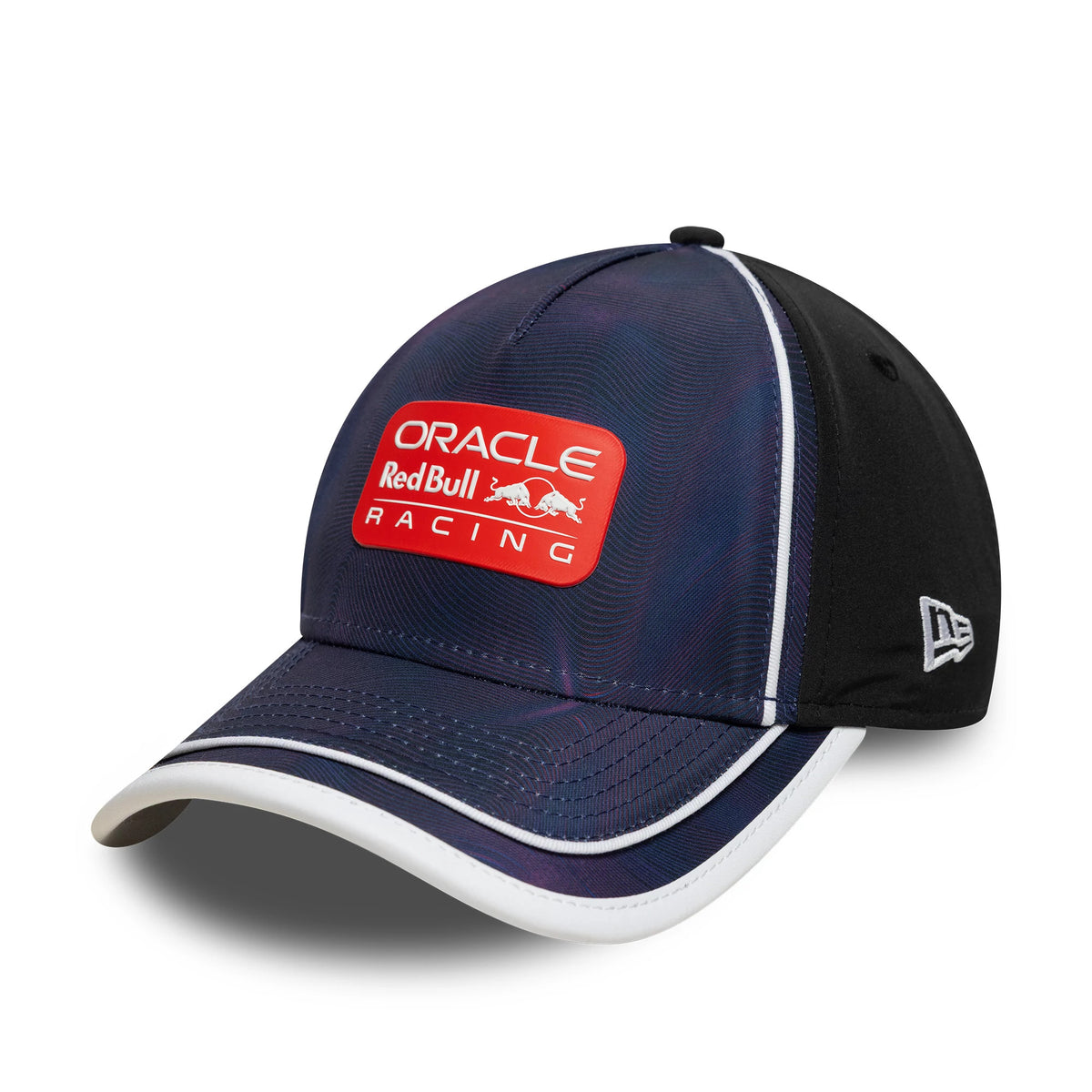 Red Bull Racing Print Black New Era 9FORTY M-Crown A-Frame Cap, three-quarter view showing a red raised embroidery logo on the front panel, black structured crown with white piping, and the New Era flag logo on the left side.