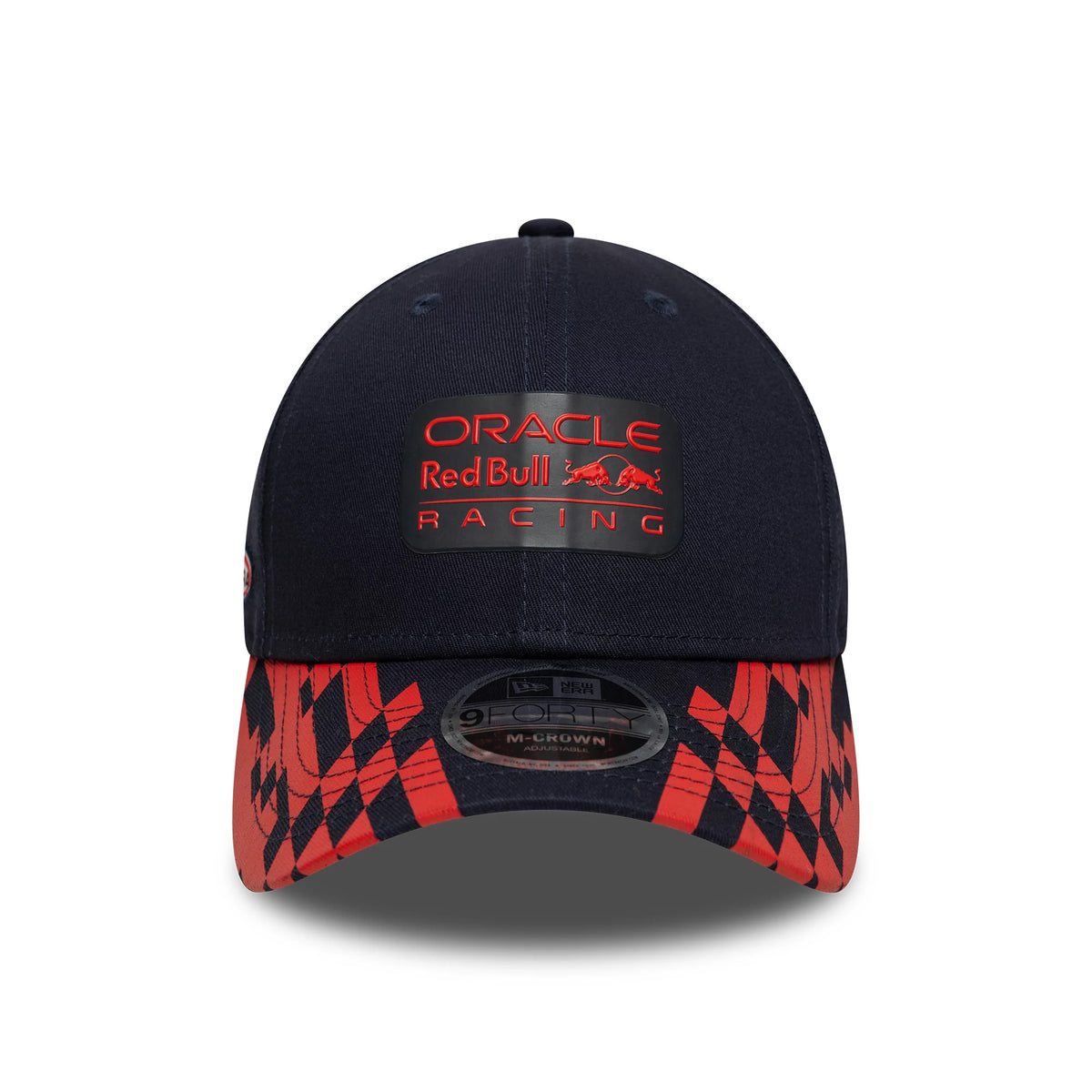 Red Bull Racing Visor Print Dark Blue New Era 9FORTY M-Crown Cap, front view showing raised red Oracle Red Bull Racing embroidery on the structured dark blue crown, with a red and blue checkered visor and a 9FORTY size sticker.